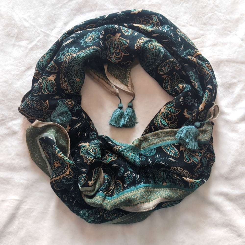 J.JILL Paisley Velvet Trim Scarf in Forest